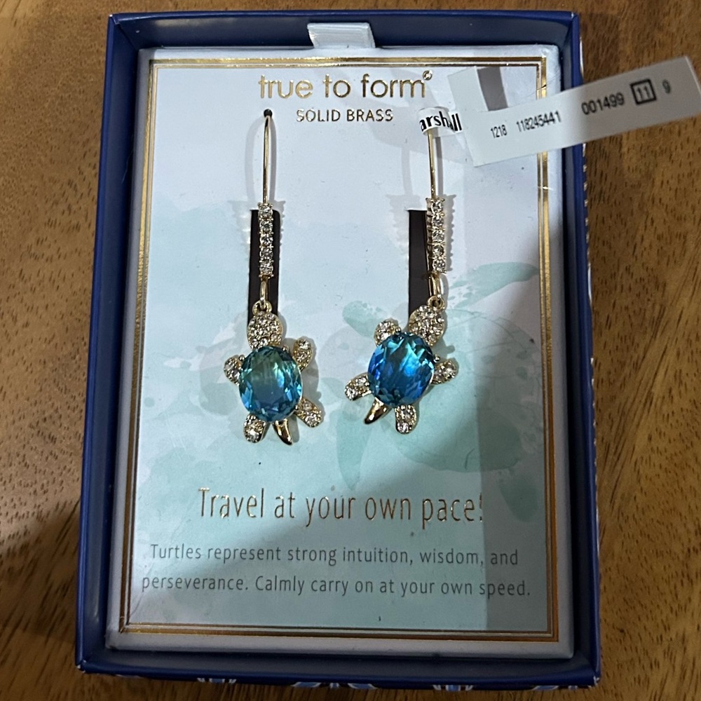 Turtle Earrings Solid Brass with Blue Crystal Accents